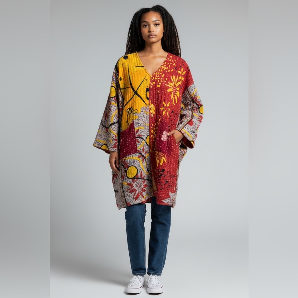 Kantha Serena ITEM 9 w open slit in front with pockets, handmade reversible OS